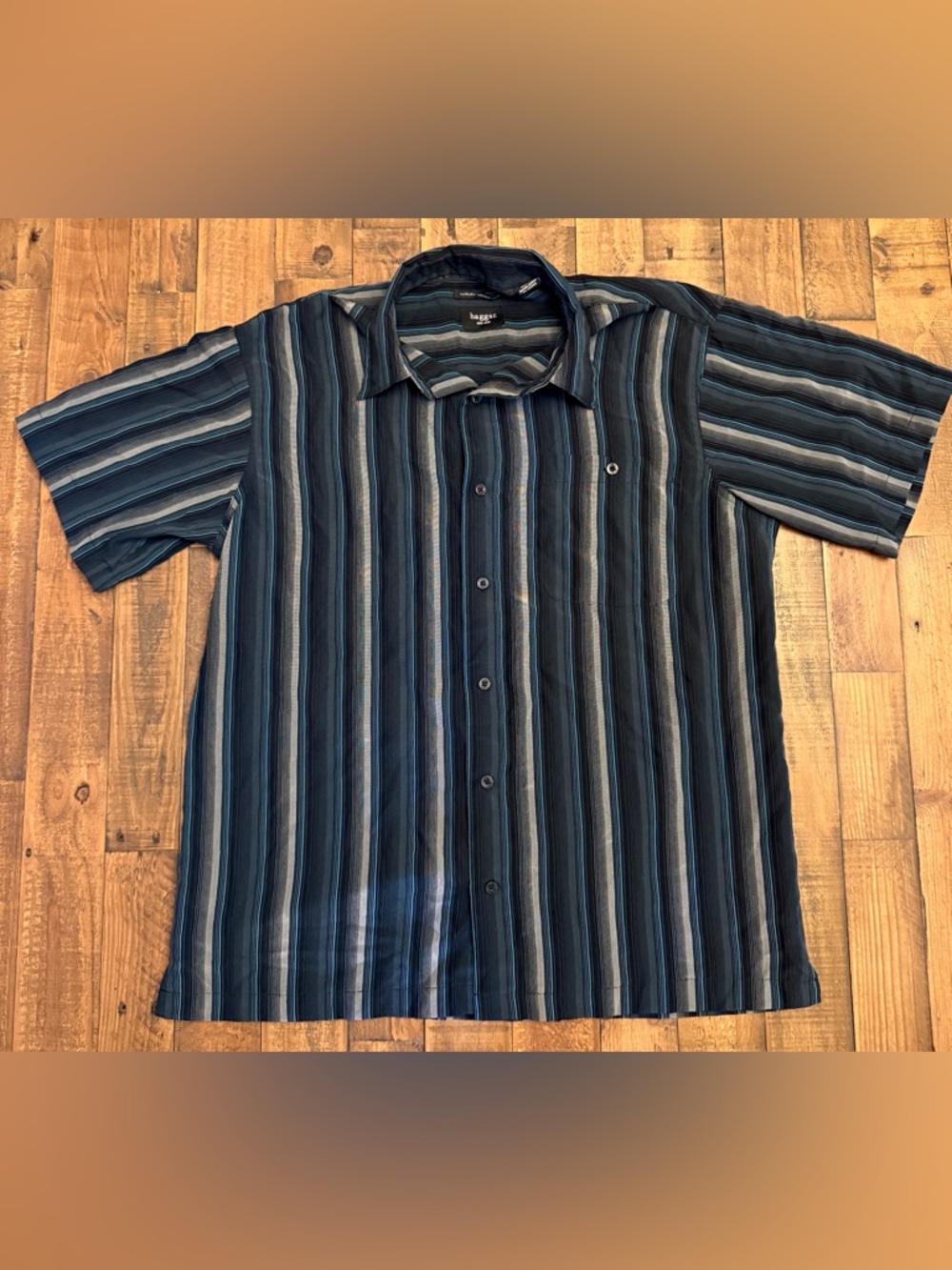 Haggar Men’s Black & Gray Vertical Stripe Luxury Microfiber Short-Sleeve Shirt